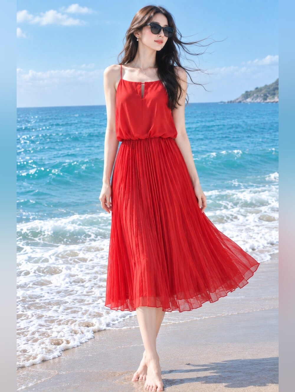 Sam Edelman Women's Red Pleated High Neck Tiered Hem Sleeveless Midi Satin Dress